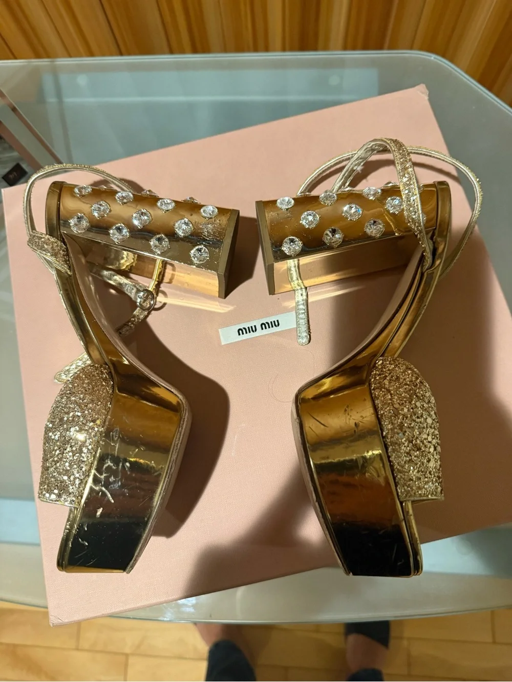 Miu Miu Gold Glitter Platform Ankle-Strap Sandals